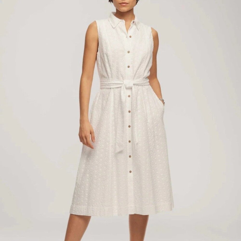Anne Klein White Eyelet Sleeveless Belted A Line Midi Shirt Dress Womens 10
